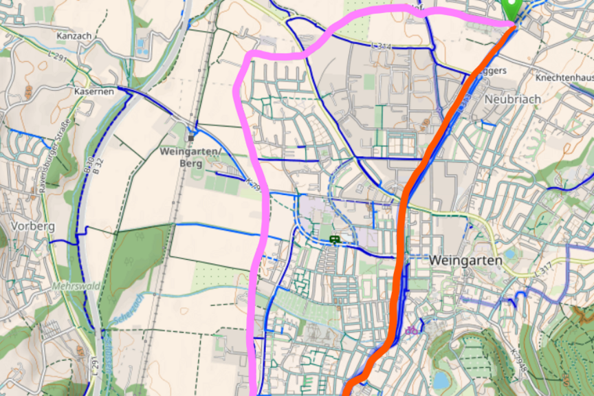 Vergleich der Trassen beim Radschnellweg Baindt - Friedrichshafen im Bereich Weingarten Vergleich der Trassen beim Radschnellweg Baindt - Friedrichshafen im Bereich Weingarten